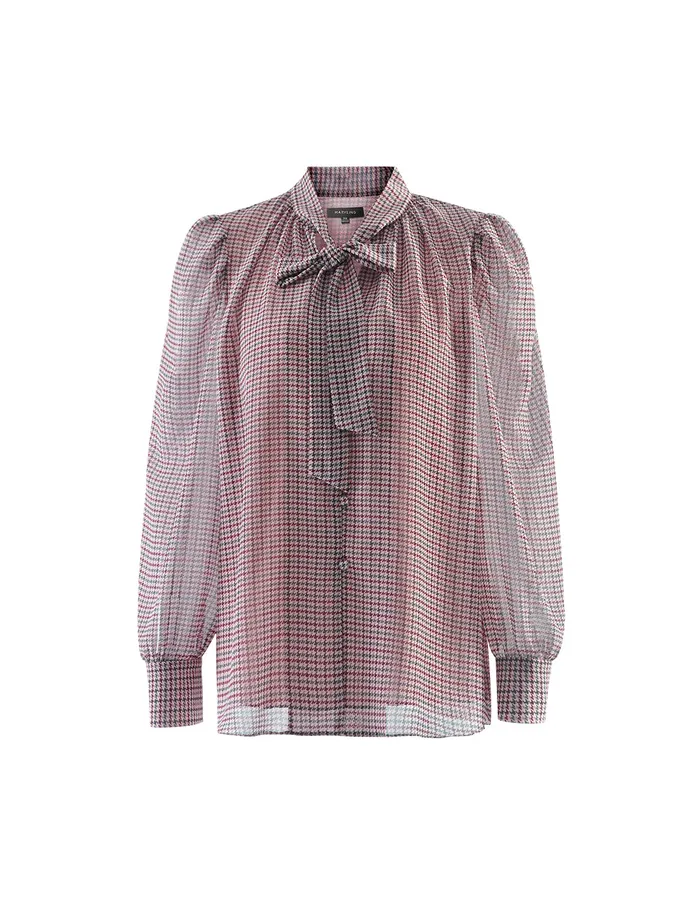 MARYLING Blouse Pink Houndstooth VNeck Sweet Bow Top Mix 8211 Women