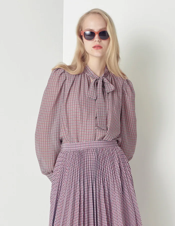MARYLING Blouse Pink Houndstooth VNeck Sweet Bow Top Mix 8211 Women