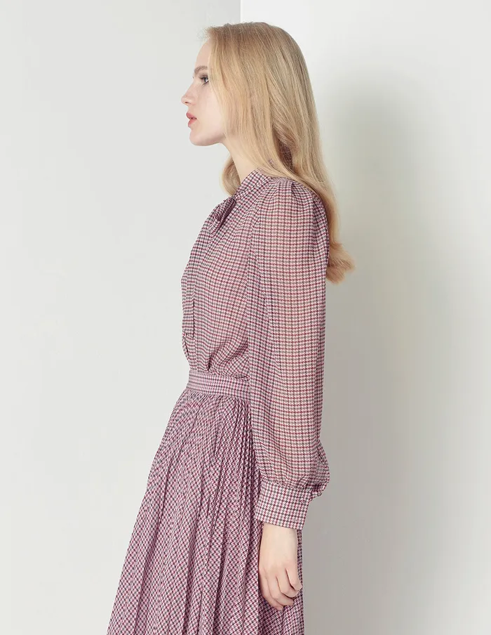 MARYLING Blouse Pink Houndstooth VNeck Sweet Bow Top Mix 8211 Women