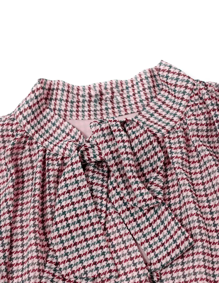 MARYLING Blouse Pink Houndstooth VNeck Sweet Bow Top Mix 8211 Women