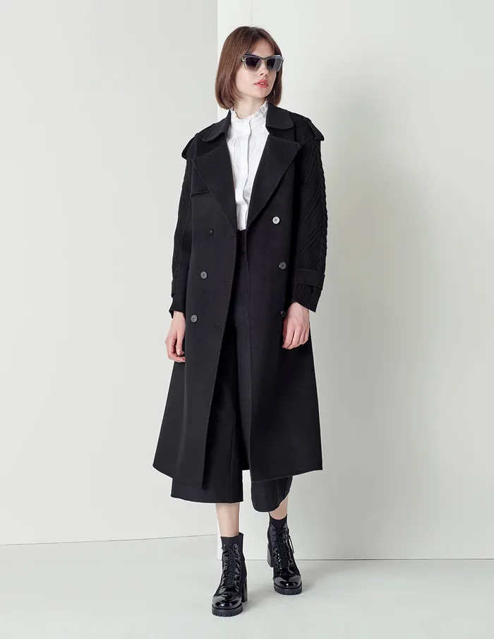 MARYLING Jacket and Coat Black Doublesided Woolen Stitched Knitted Sleeve Coat Black 8211 Women MARYLING Jacket and Coat Black Doublesided Woolen Stitched Knitted Sleeve Coat Black 8211 Women