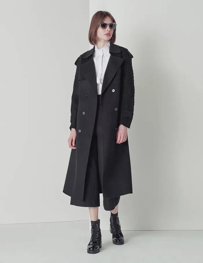 MARYLING Jacket and Coat Black Doublesided Woolen Stitched Knitted Sleeve Coat Black 8211 Women MARYLING Jacket and Coat Black Doublesided Woolen Stitched Knitted Sleeve Coat Black 8211 Women