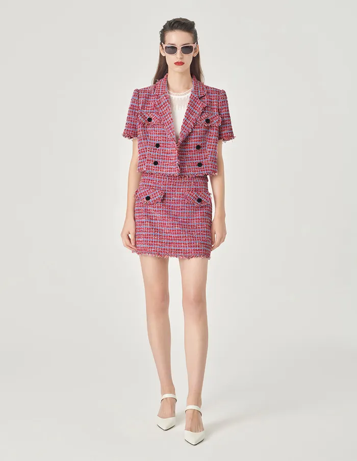 MARYLING Jacket and Coat Powder Blue Plaid Tweed DoubleBreasted Short Coat Pink And Blue 8211 Women MARYLING Jacket and Coat Powder Blue Plaid Tweed DoubleBreasted Short Coat Pink And Blue 8211 Women