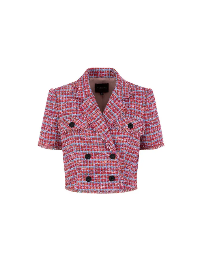 MARYLING Jacket and Coat Powder Blue Plaid Tweed DoubleBreasted Short Coat Pink And Blue 8211 Women MARYLING Jacket and Coat Powder Blue Plaid Tweed DoubleBreasted Short Coat Pink And Blue 8211 Women