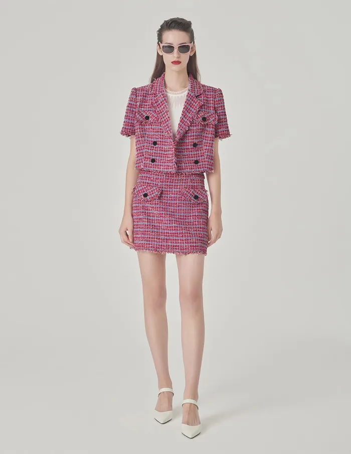 MARYLING Jacket and Coat Powder Blue Plaid Tweed DoubleBreasted Short Coat Pink And Blue 8211 Women MARYLING Jacket and Coat Powder Blue Plaid Tweed DoubleBreasted Short Coat Pink And Blue 8211 Women