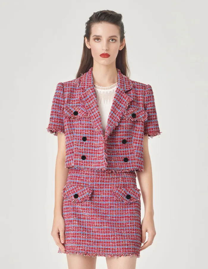 MARYLING Jacket and Coat Powder Blue Plaid Tweed DoubleBreasted Short Coat Pink And Blue 8211 Women MARYLING Jacket and Coat Powder Blue Plaid Tweed DoubleBreasted Short Coat Pink And Blue 8211 Women