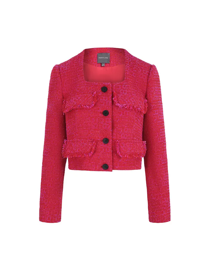 MARYLING Jacket and Coat Red Square Collar Short Tweed Jacket Red 8211 Women MARYLING Jacket and Coat Red Square Collar Short Tweed Jacket Red 8211 Women