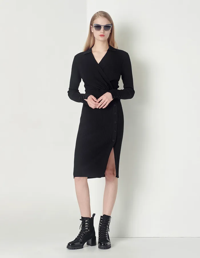 MARYLING Knit Dress Black Allmatch Slim Vneck Knitted Dress Black 8211 Women