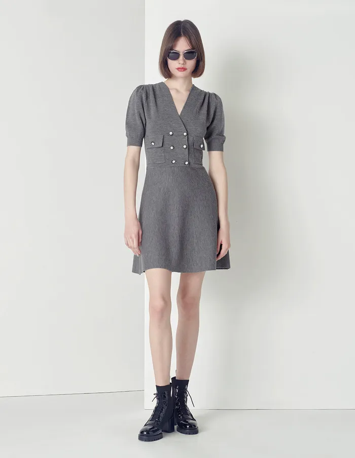 MARYLING Knit Dress Double Breasted VNeck Knit Dress Grey 8211 Women