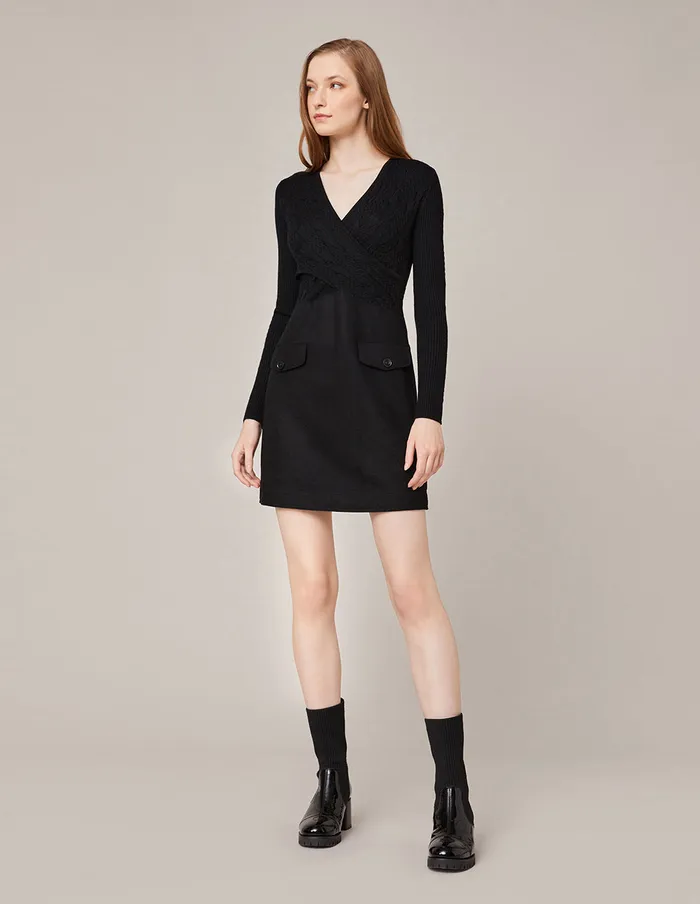 MARYLING Knit Dress VNeck Knit Spliced ALine Mini Dress Black 8211 Women