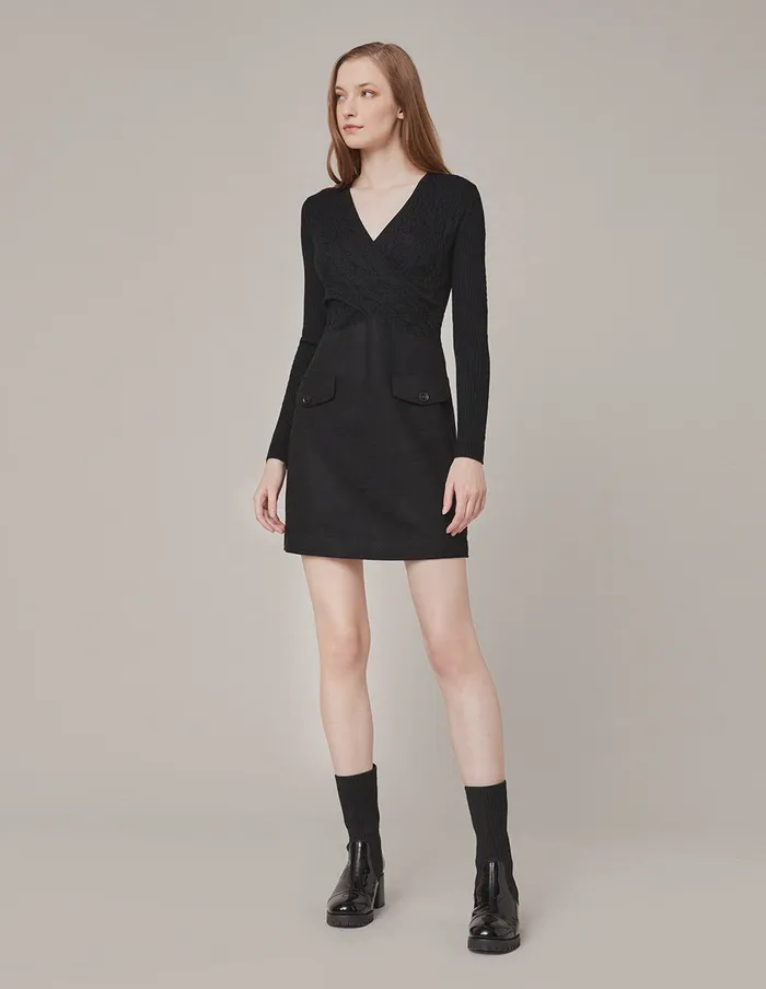 MARYLING Knit Dress VNeck Knit Spliced ALine Mini Dress Black 8211 Women MARYLING Knit Dress VNeck Knit Spliced ALine Mini Dress Black 8211 Women