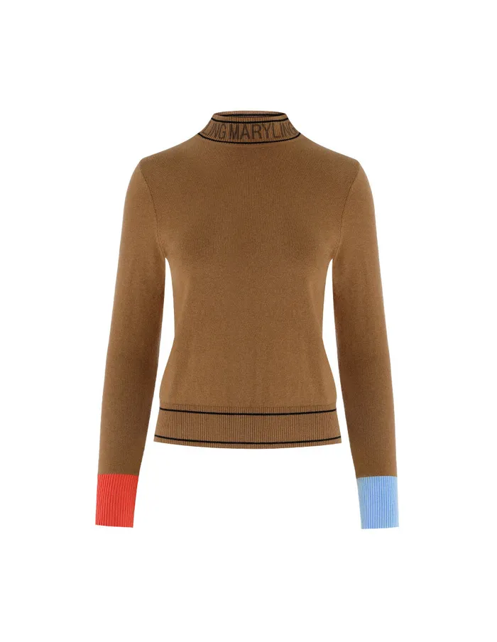 MARYLING Knitwear Beige Contrast Color Cuff Small Standup Collar Sweater Mix 8211 Women MARYLING Knitwear Beige Contrast Color Cuff Small Standup Collar Sweater Mix 8211 Women