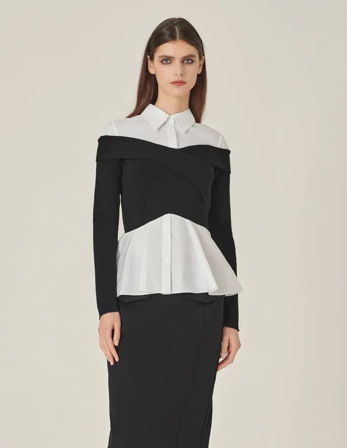 MARYLING Knitwear Black and White Contrast Patchwork Knitted LongSleeved Blouse Monochrome 8211 Women MARYLING Knitwear Black and White Contrast Patchwork Knitted LongSleeved Blouse Monochrome 8211 Women