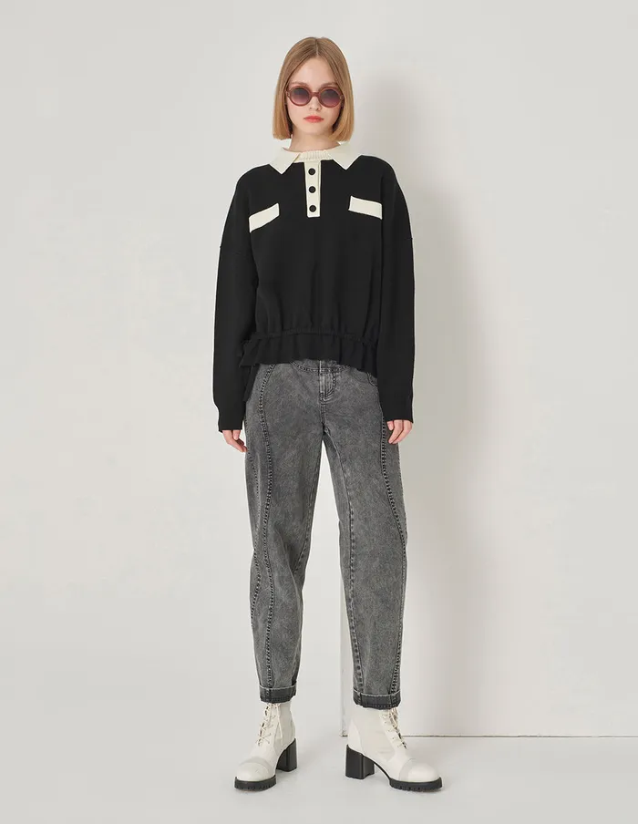 MARYLING Knitwear Black And White Contrast TShirt Collar Knitted Pullover Monochrome 8211 Women MARYLING Knitwear Black And White Contrast TShirt Collar Knitted Pullover Monochrome 8211 Women
