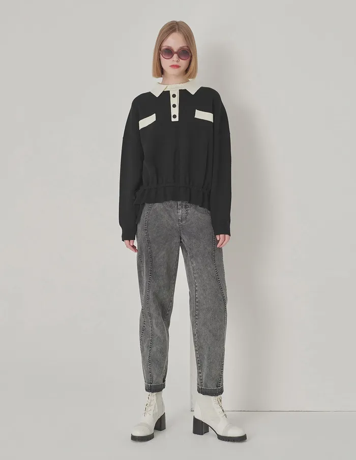 MARYLING Knitwear Black And White Contrast TShirt Collar Knitted Pullover Monochrome 8211 Women MARYLING Knitwear Black And White Contrast TShirt Collar Knitted Pullover Monochrome 8211 Women
