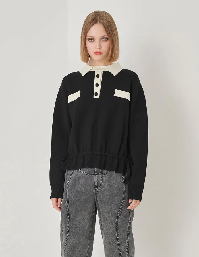 MARYLING Knitwear Black And White Contrast TShirt Collar Knitted Pullover Monochrome 8211 Women MARYLING Knitwear Black And White Contrast TShirt Collar Knitted Pullover Monochrome 8211 Women