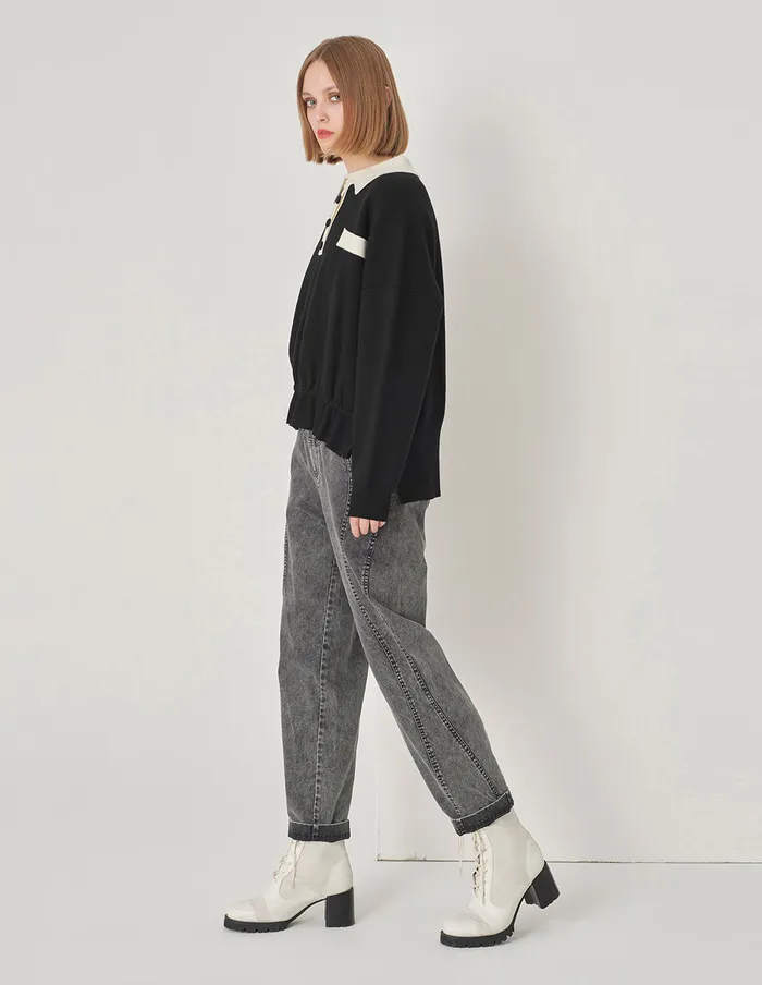 MARYLING Knitwear Black And White Contrast TShirt Collar Knitted Pullover Monochrome 8211 Women MARYLING Knitwear Black And White Contrast TShirt Collar Knitted Pullover Monochrome 8211 Women