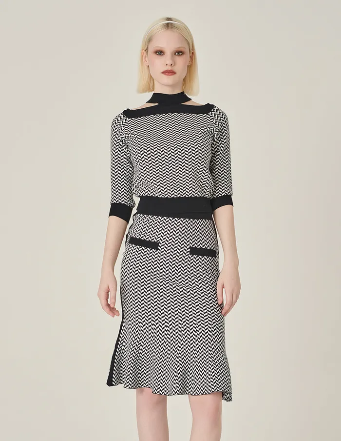 MARYLING Knitwear Black And White Herringbone OffShoulder MidSleeve Knitted Pullover Herringbone 8211 Women MARYLING Knitwear Black And White Herringbone OffShoulder MidSleeve Knitted Pullover Herringbone 8211 Women