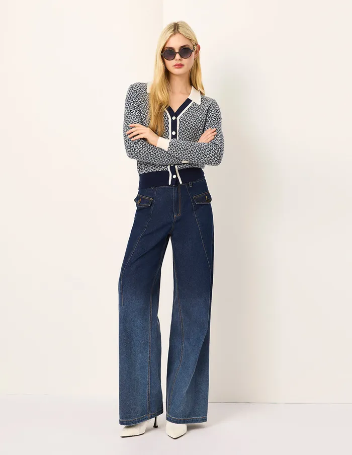 MARYLING Knitwear Blue and White Trimmed Wool Knit Cardigan Blue 8211 Women