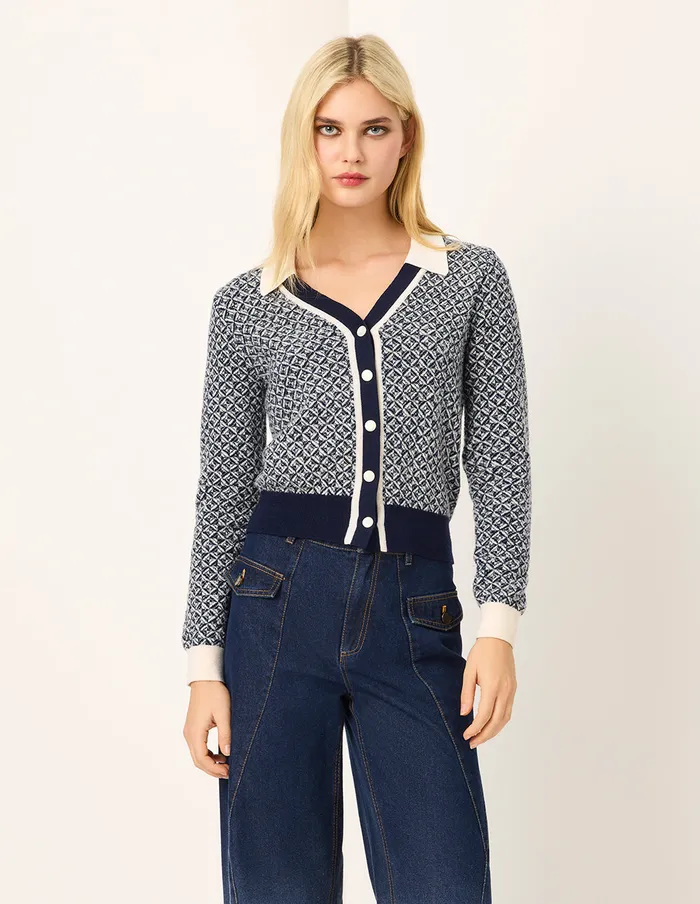 MARYLING Knitwear Blue and White Trimmed Wool Knit Cardigan Blue 8211 Women MARYLING Knitwear Blue and White Trimmed Wool Knit Cardigan Blue 8211 Women