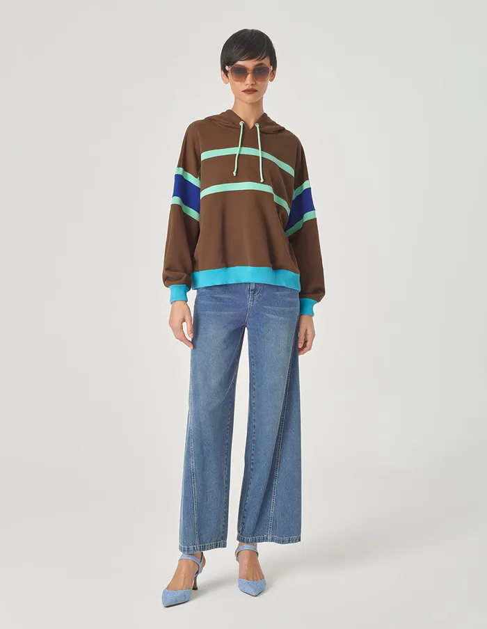 MARYLING Knitwear Blue And Brown Colour Block Hooded Casual Sweatshirt Brown 8211 Women MARYLING Knitwear Blue And Brown Colour Block Hooded Casual Sweatshirt Brown 8211 Women
