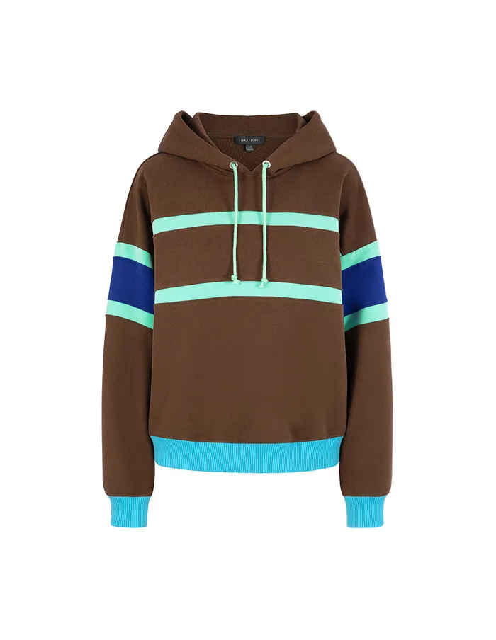 MARYLING Knitwear Blue And Brown Colour Block Hooded Casual Sweatshirt Brown 8211 Women MARYLING Knitwear Blue And Brown Colour Block Hooded Casual Sweatshirt Brown 8211 Women