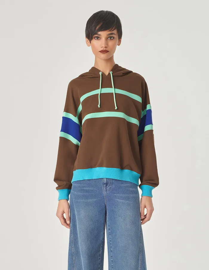 MARYLING Knitwear Blue And Brown Colour Block Hooded Casual Sweatshirt Brown 8211 Women MARYLING Knitwear Blue And Brown Colour Block Hooded Casual Sweatshirt Brown 8211 Women