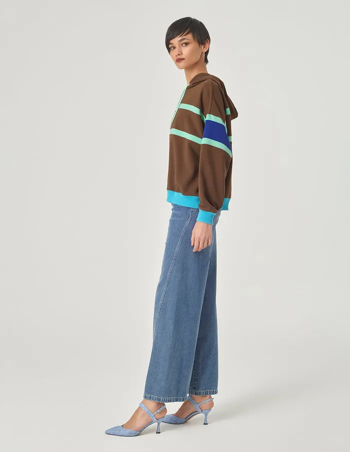 MARYLING Knitwear Blue And Brown Colour Block Hooded Casual Sweatshirt Brown 8211 Women MARYLING Knitwear Blue And Brown Colour Block Hooded Casual Sweatshirt Brown 8211 Women