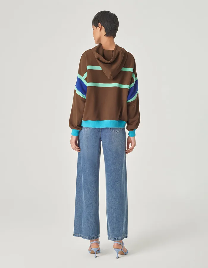 MARYLING Knitwear Blue And Brown Colour Block Hooded Casual Sweatshirt Brown 8211 Women MARYLING Knitwear Blue And Brown Colour Block Hooded Casual Sweatshirt Brown 8211 Women