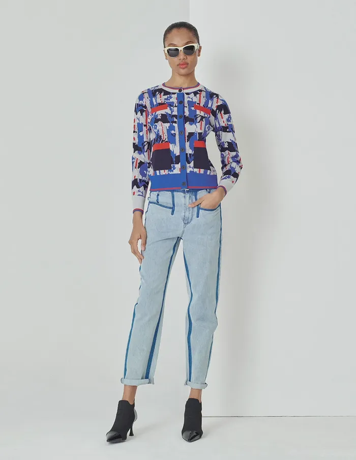 MARYLING Knitwear Blue Geometric Pattern Round Neck Knitted Cardigan Mix 8211 Women MARYLING Knitwear Blue Geometric Pattern Round Neck Knitted Cardigan Mix 8211 Women
