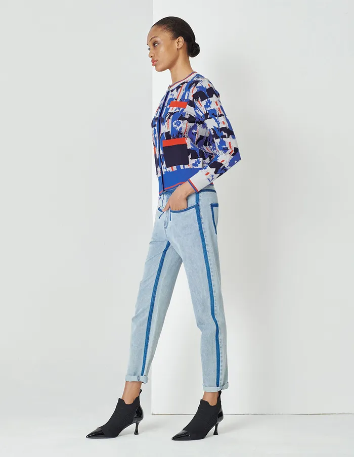 MARYLING Knitwear Blue Geometric Pattern Round Neck Knitted Cardigan Mix 8211 Women MARYLING Knitwear Blue Geometric Pattern Round Neck Knitted Cardigan Mix 8211 Women