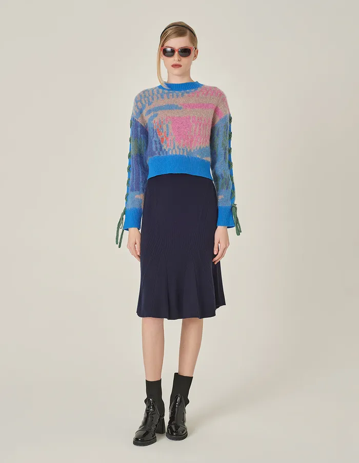 MARYLING Knitwear Color Block LongSleeve Jacquard Knitted Cropped Pullover Dark Blue 8211 Women MARYLING Knitwear Color Block LongSleeve Jacquard Knitted Cropped Pullover Dark Blue 8211 Women