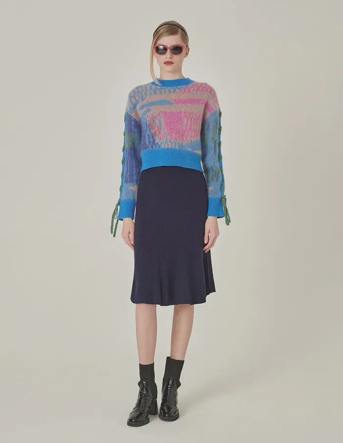 MARYLING Knitwear Color Block LongSleeve Jacquard Knitted Cropped Pullover Dark Blue 8211 Women MARYLING Knitwear Color Block LongSleeve Jacquard Knitted Cropped Pullover Dark Blue 8211 Women