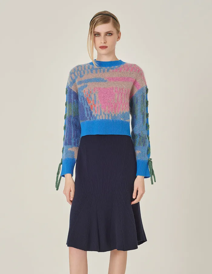 MARYLING Knitwear Color Block LongSleeve Jacquard Knitted Cropped Pullover Dark Blue 8211 Women MARYLING Knitwear Color Block LongSleeve Jacquard Knitted Cropped Pullover Dark Blue 8211 Women