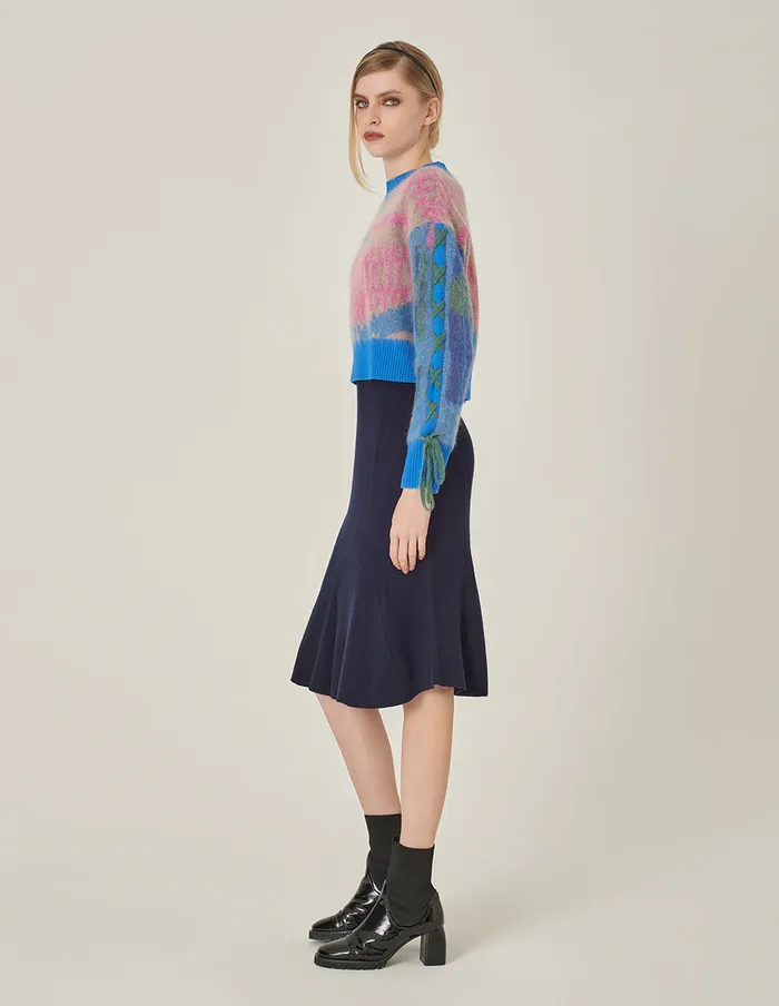 MARYLING Knitwear Color Block LongSleeve Jacquard Knitted Cropped Pullover Dark Blue 8211 Women MARYLING Knitwear Color Block LongSleeve Jacquard Knitted Cropped Pullover Dark Blue 8211 Women