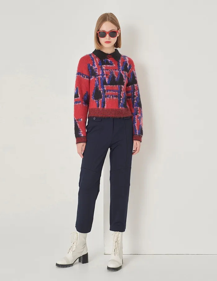 MARYLING Knitwear Lapel Red And Blue Puzzle Knit Sweater Puzzle 8211 Women