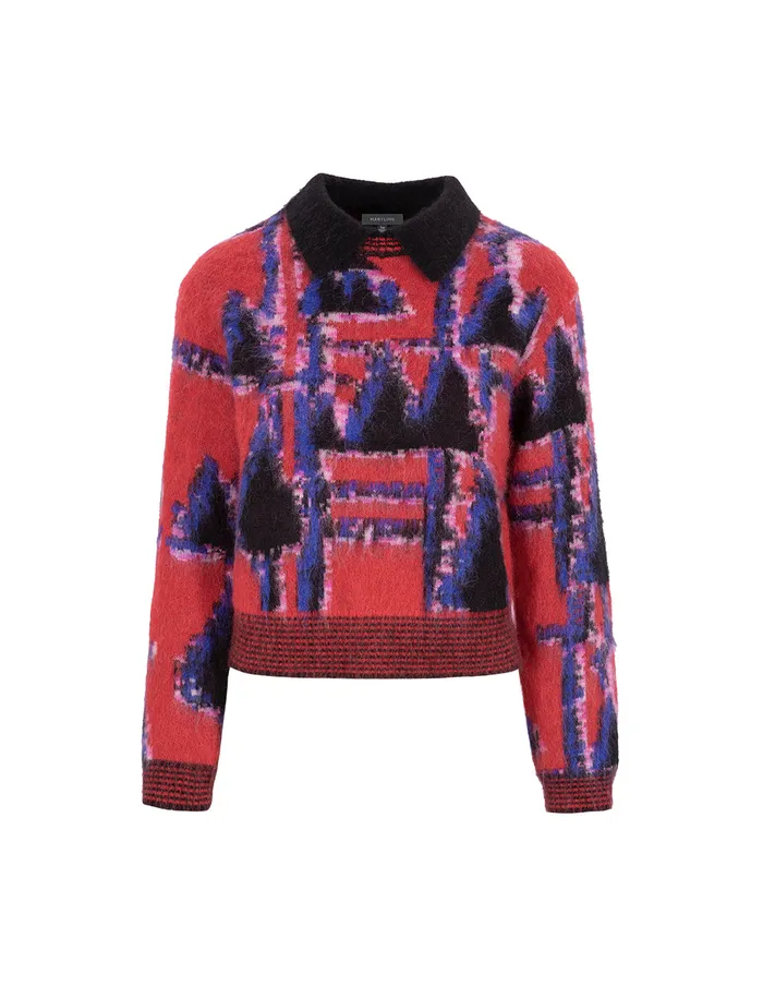 MARYLING Knitwear Lapel Red And Blue Puzzle Knit Sweater Puzzle 8211 Women MARYLING Knitwear Lapel Red And Blue Puzzle Knit Sweater Puzzle 8211 Women