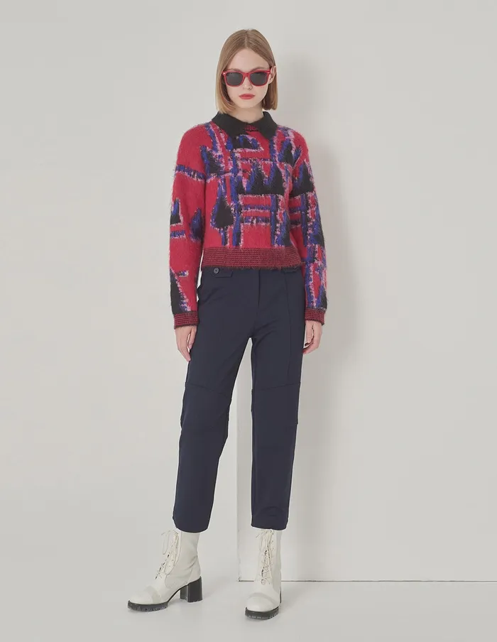 MARYLING Knitwear Lapel Red And Blue Puzzle Knit Sweater Puzzle 8211 Women MARYLING Knitwear Lapel Red And Blue Puzzle Knit Sweater Puzzle 8211 Women