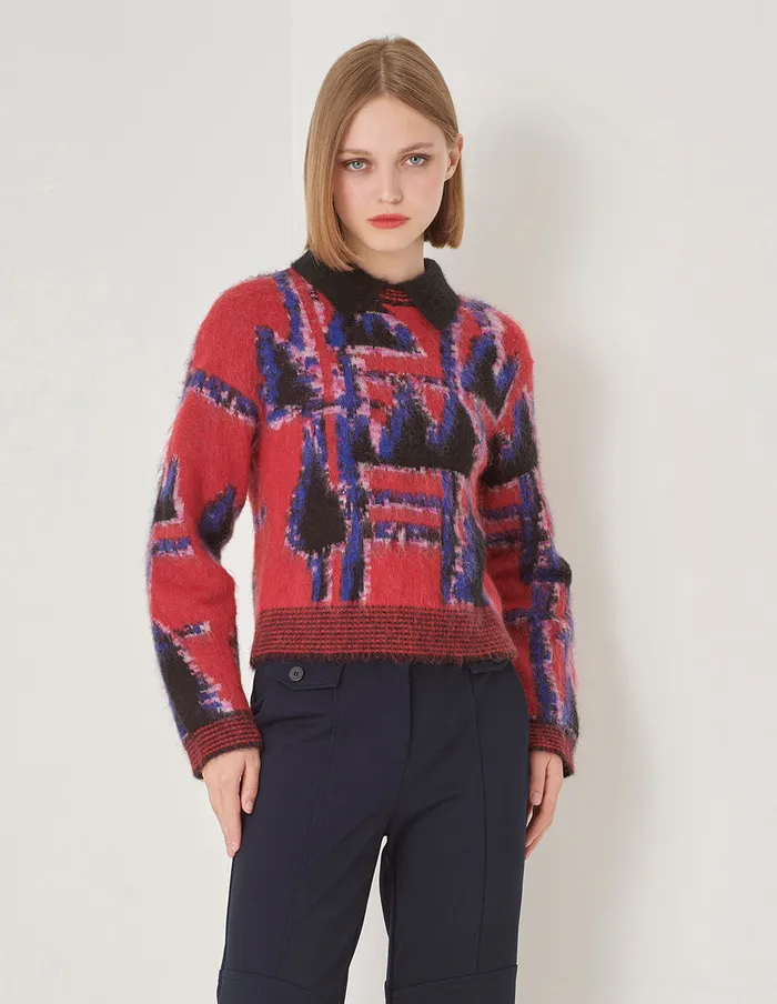 MARYLING Knitwear Lapel Red And Blue Puzzle Knit Sweater Puzzle 8211 Women MARYLING Knitwear Lapel Red And Blue Puzzle Knit Sweater Puzzle 8211 Women