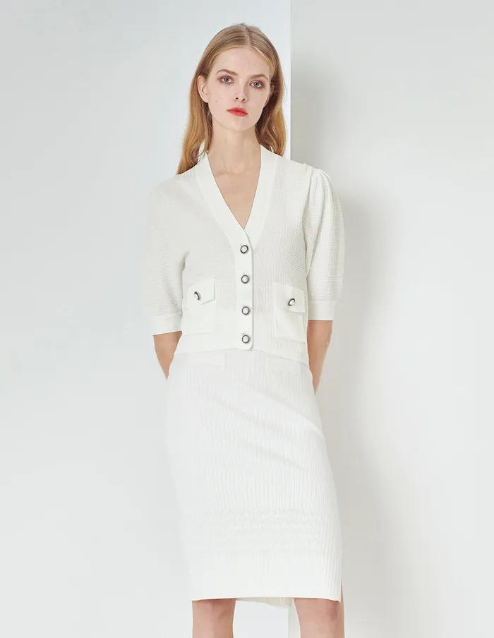 MARYLING Knitwear OffWhite VNeck Pearl Button ShortSleeved Knitted Cardigan White 8211 Women MARYLING Knitwear OffWhite VNeck Pearl Button ShortSleeved Knitted Cardigan White 8211 Women