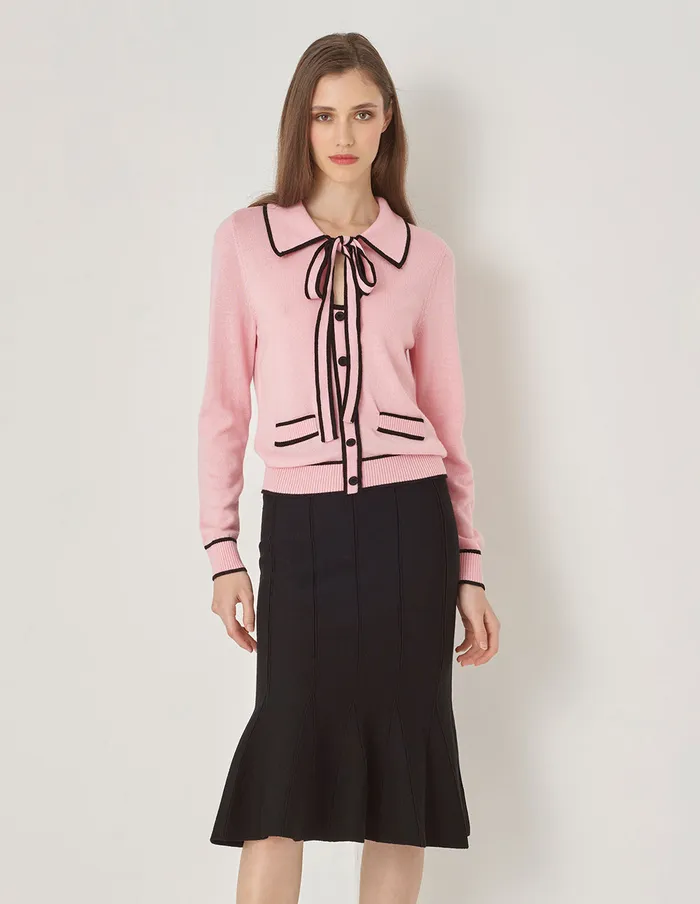 MARYLING Knitwear Pink Lapel LaceUp Knitted Sweater Pink 8211 Women MARYLING Knitwear Pink Lapel LaceUp Knitted Sweater Pink 8211 Women