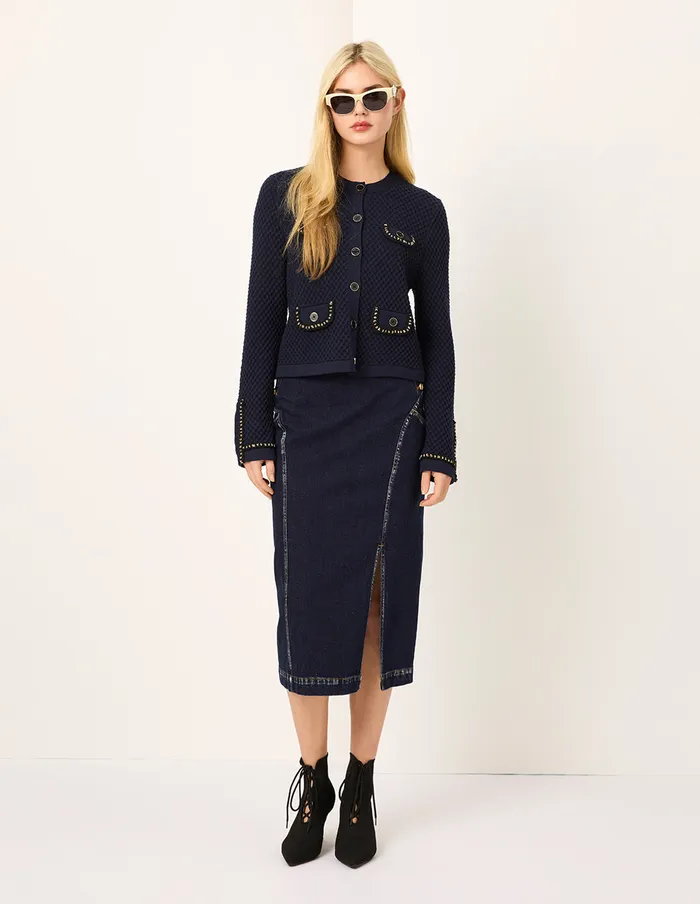 MARYLING Knitwear RoundNeck Chain MutilPocket Cropped Knit Cardigan Dark Blue 8211 Women MARYLING Knitwear RoundNeck Chain MutilPocket Cropped Knit Cardigan Dark Blue 8211 Women