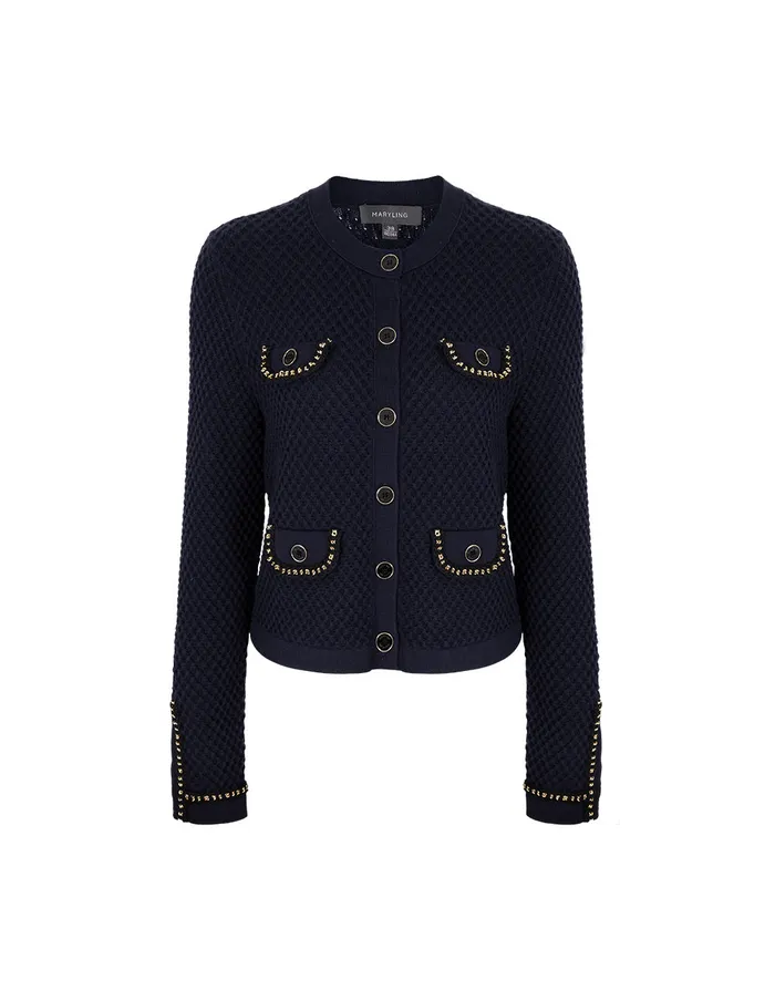 MARYLING Knitwear RoundNeck Chain MutilPocket Cropped Knit Cardigan Dark Blue 8211 Women MARYLING Knitwear RoundNeck Chain MutilPocket Cropped Knit Cardigan Dark Blue 8211 Women