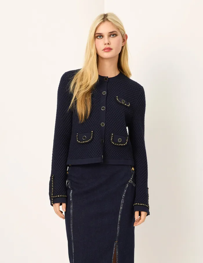 MARYLING Knitwear RoundNeck Chain MutilPocket Cropped Knit Cardigan Dark Blue 8211 Women MARYLING Knitwear RoundNeck Chain MutilPocket Cropped Knit Cardigan Dark Blue 8211 Women