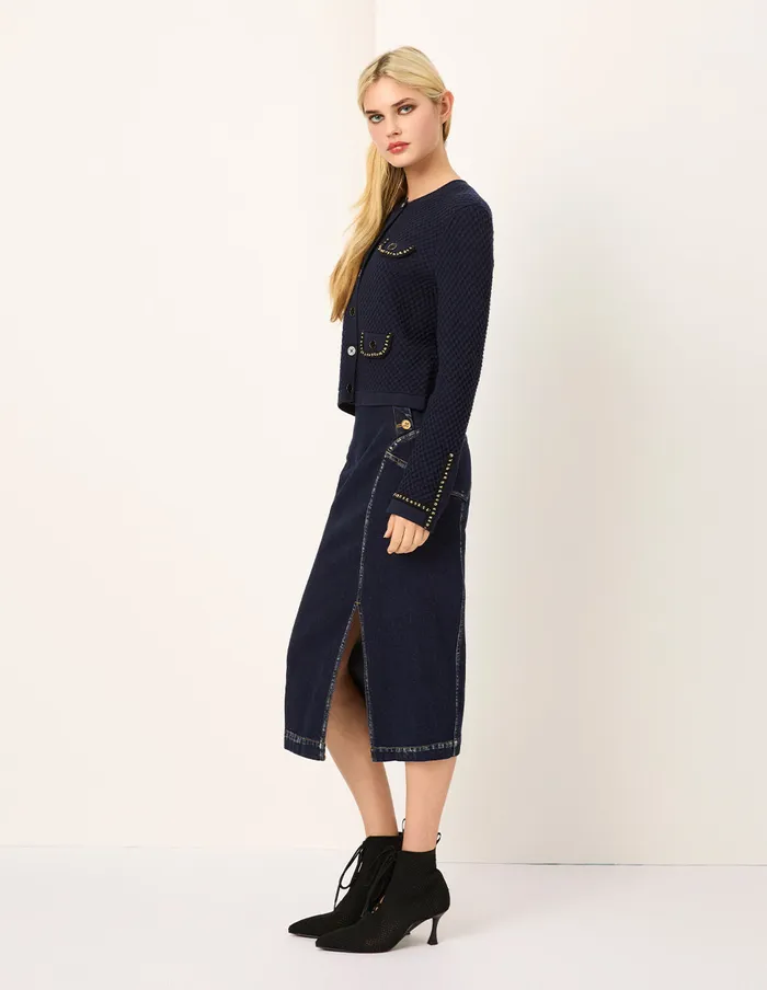 MARYLING Knitwear RoundNeck Chain MutilPocket Cropped Knit Cardigan Dark Blue 8211 Women MARYLING Knitwear RoundNeck Chain MutilPocket Cropped Knit Cardigan Dark Blue 8211 Women