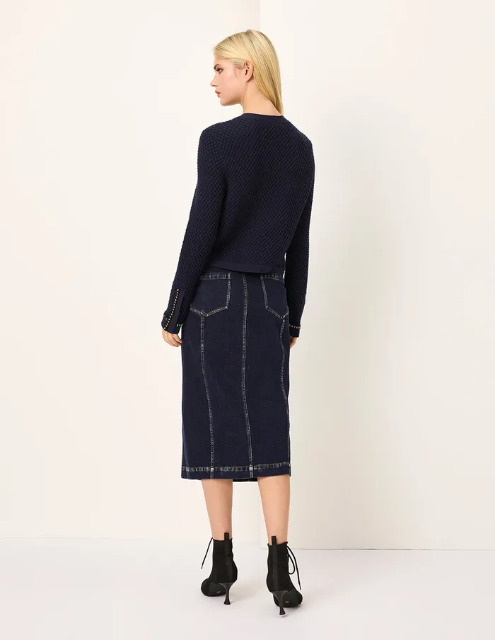 MARYLING Knitwear RoundNeck Chain MutilPocket Cropped Knit Cardigan Dark Blue 8211 Women MARYLING Knitwear RoundNeck Chain MutilPocket Cropped Knit Cardigan Dark Blue 8211 Women