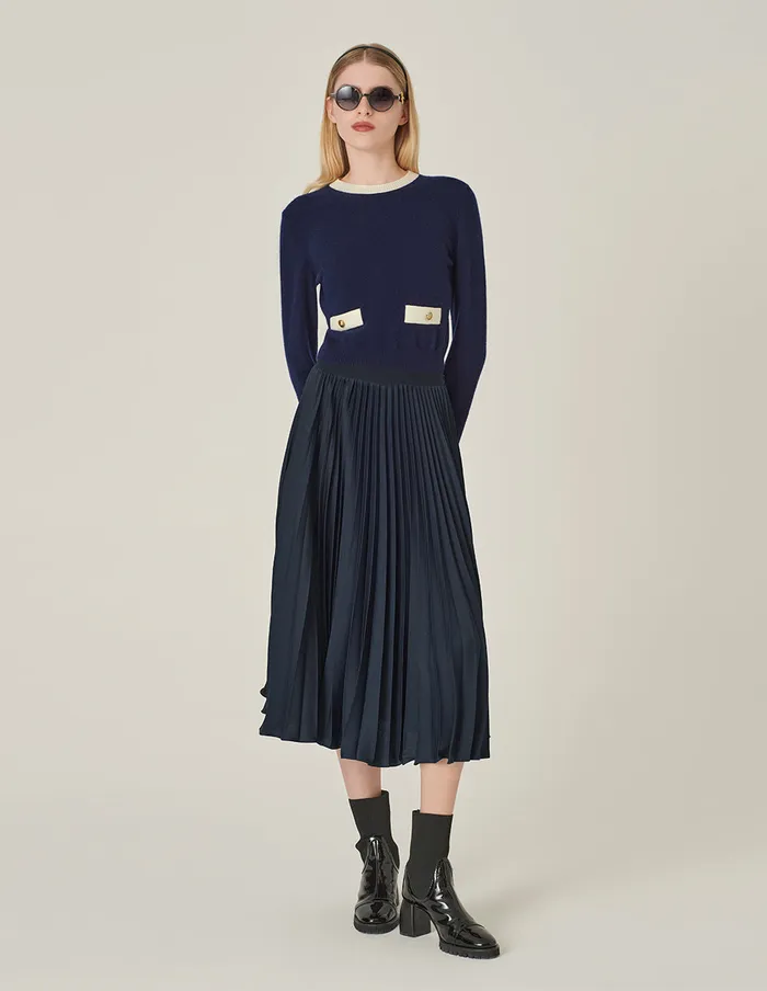 MARYLING Knitwear RoundNeck Contrast LongSleeve Cropped Cashmere Knitted Sweater Blue And White 8211 Women MARYLING Knitwear RoundNeck Contrast LongSleeve Cropped Cashmere Knitted Sweater Blue And White 8211 Women