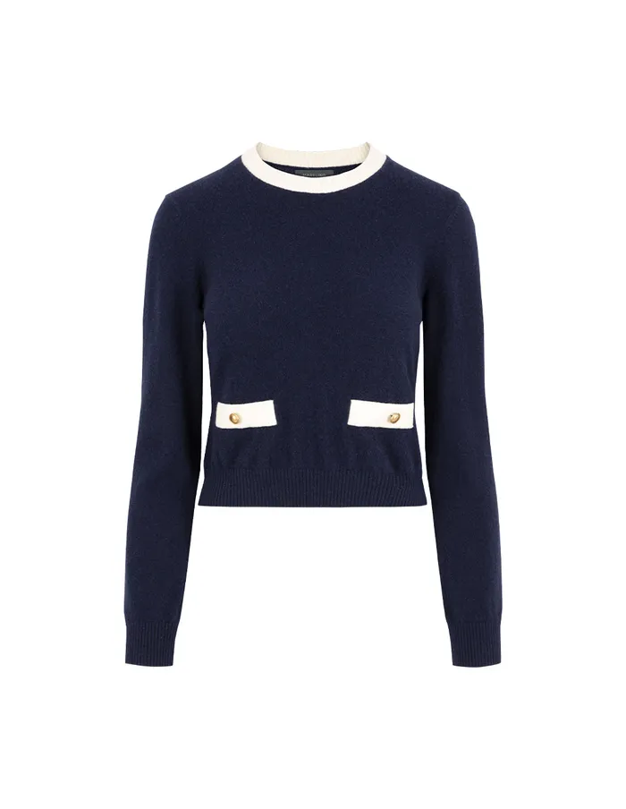 MARYLING Knitwear RoundNeck Contrast LongSleeve Cropped Cashmere Knitted Sweater Blue And White 8211 Women MARYLING Knitwear RoundNeck Contrast LongSleeve Cropped Cashmere Knitted Sweater Blue And White 8211 Women