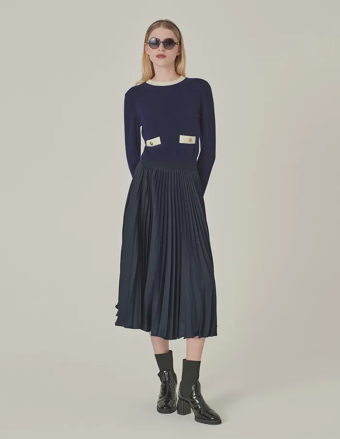 MARYLING Knitwear RoundNeck Contrast LongSleeve Cropped Cashmere Knitted Sweater Blue And White 8211 Women MARYLING Knitwear RoundNeck Contrast LongSleeve Cropped Cashmere Knitted Sweater Blue And White 8211 Women