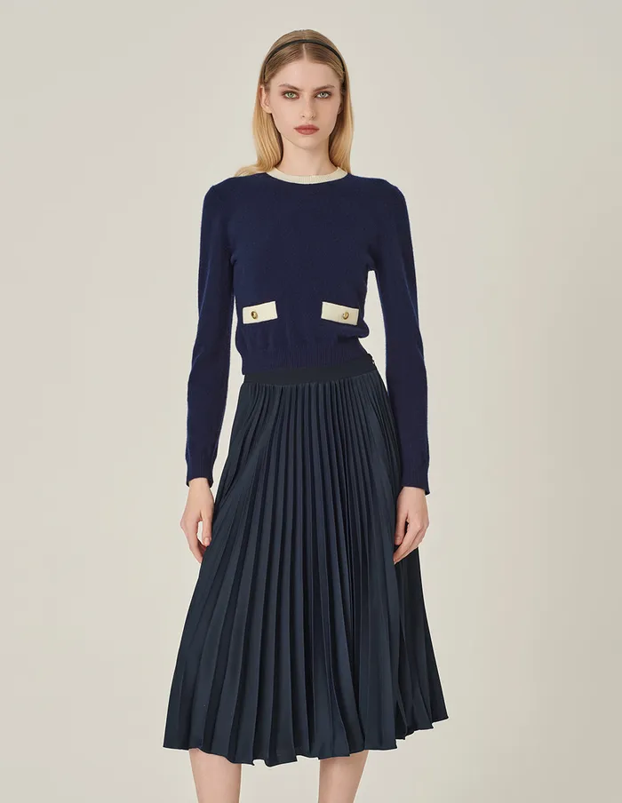 MARYLING Knitwear RoundNeck Contrast LongSleeve Cropped Cashmere Knitted Sweater Blue And White 8211 Women MARYLING Knitwear RoundNeck Contrast LongSleeve Cropped Cashmere Knitted Sweater Blue And White 8211 Women
